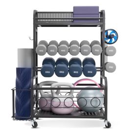 Yoga Mat Storage Rack, Home Gym Workout Equipment Organizer, Powder Coated Finish Steel Yoga Mat Holder with Hooks & Wheels, Weight Rack for Dumb