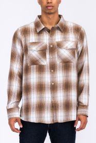 Regular Fit Checker Plaid Flannel Long Sleeve (Color: KHAKI WHITE, size: XL)