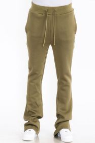 Mens Solid Fleece Flare Stacked PANTS (Color: Olive, size: M)